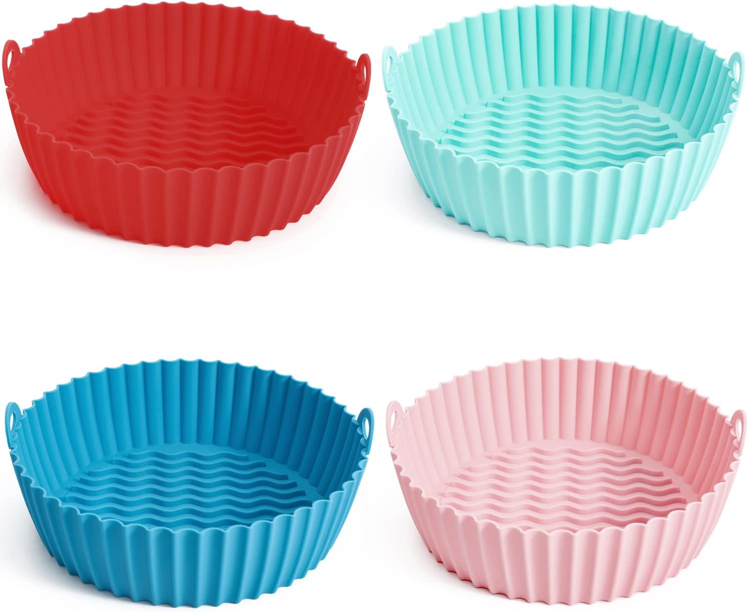 4 Pack Reusable Silicone Air Fryer Pot Liners in red, teal, blue and pink
