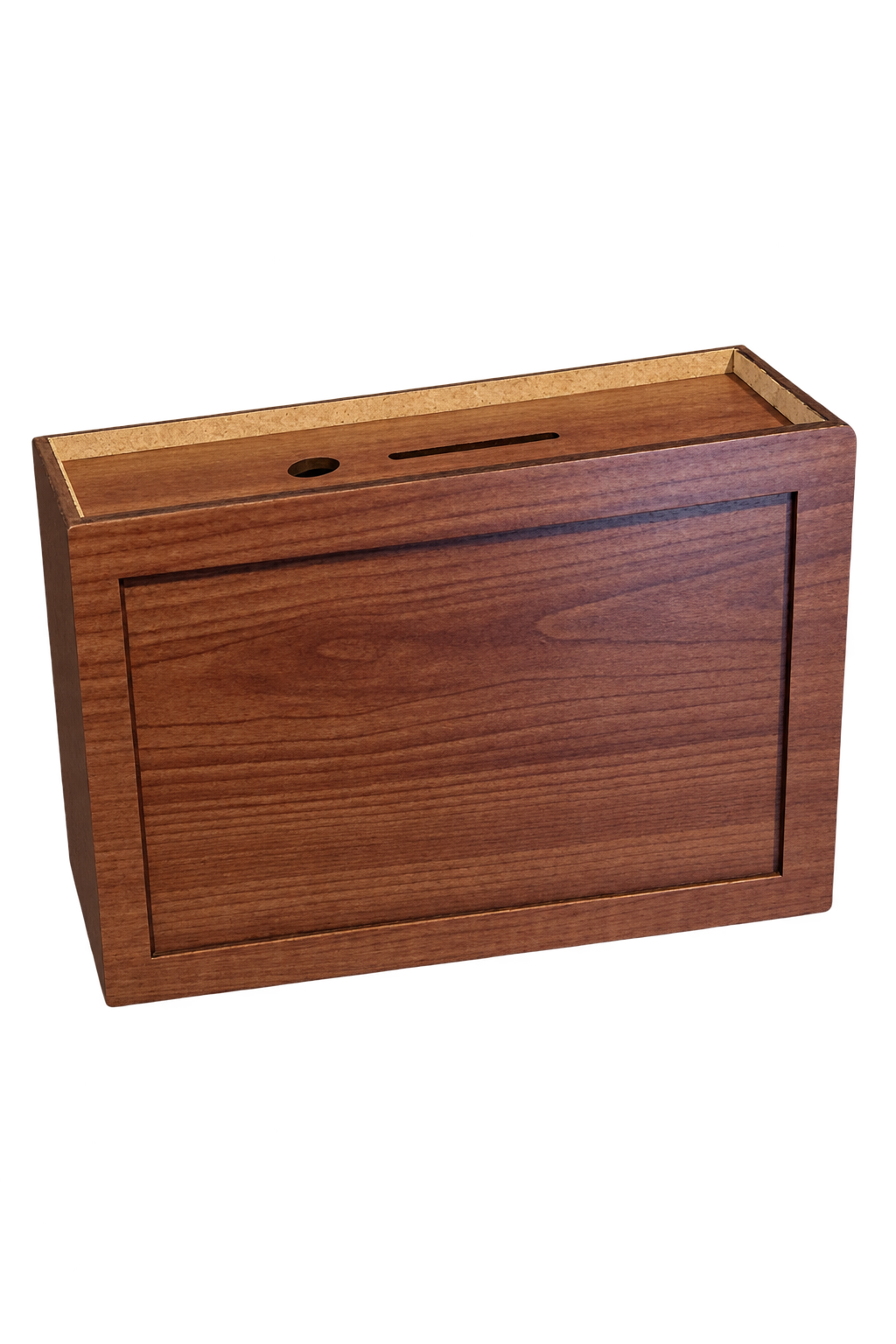 Wooden savings box alternate view with background removed