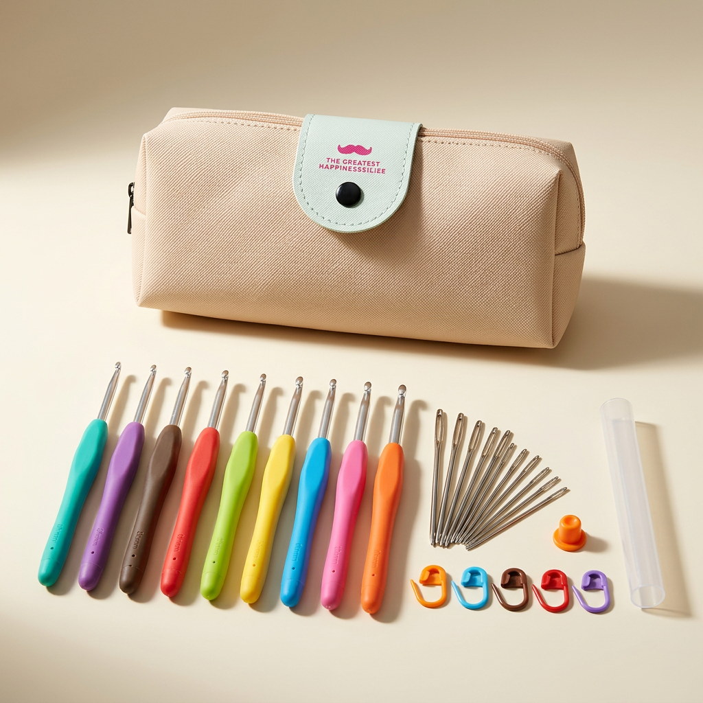 Colorful crochet hooks and accessories arranged with a beige storage pouch