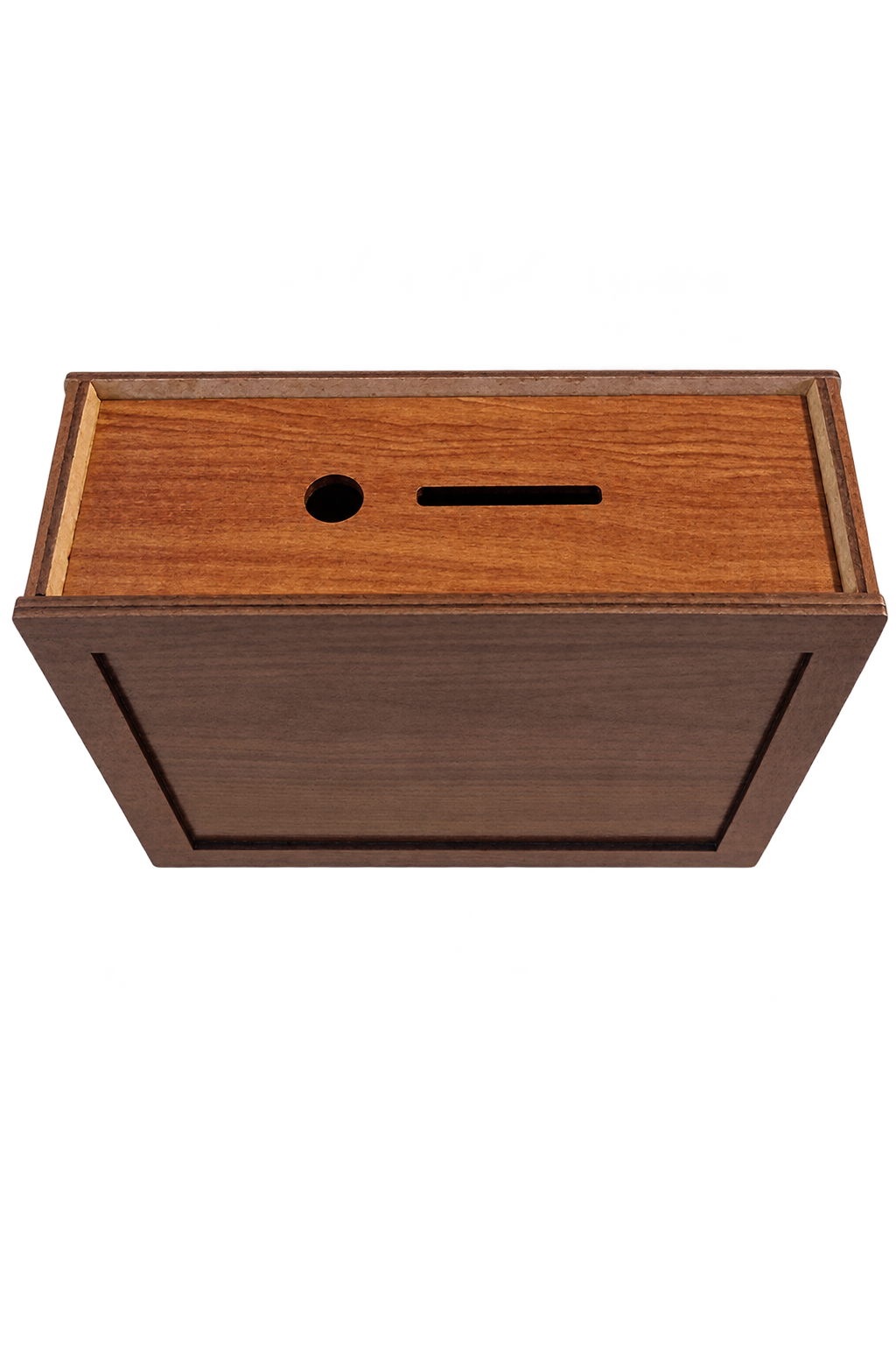 Wooden savings box top view with background removed
