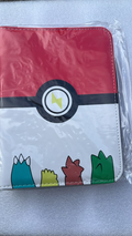 Poké Ball starter heads 4-ring binder red and white with colorful starter Pokémon peeking at bottom