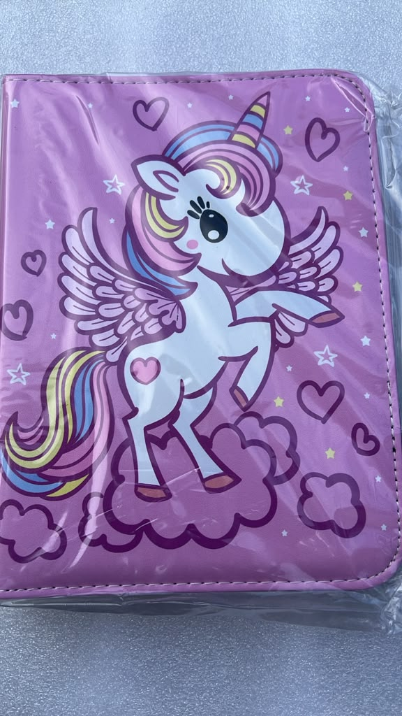 Unicorn 4-ring binder pink cover with winged unicorn, hearts and stars