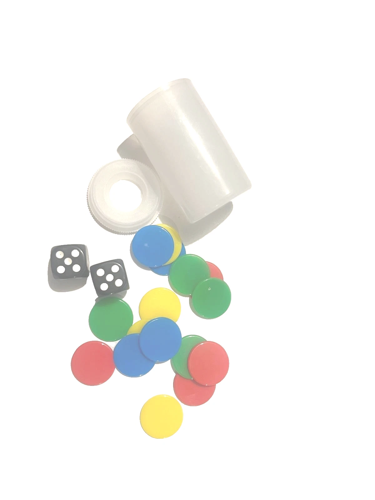 Ludo replacement set with two dice, colorful round tokens, and a clear shaker cup