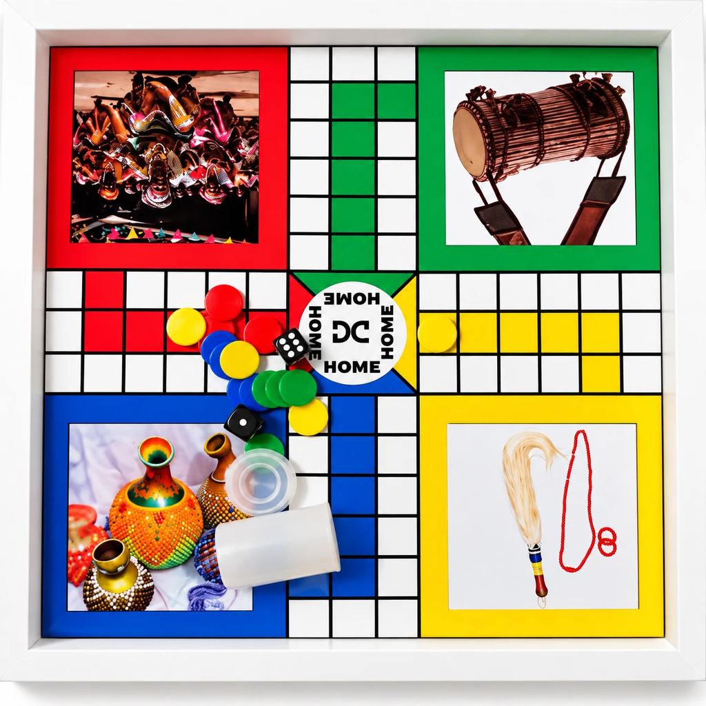 African Ludo Board Game with colored quadrants and cultural images